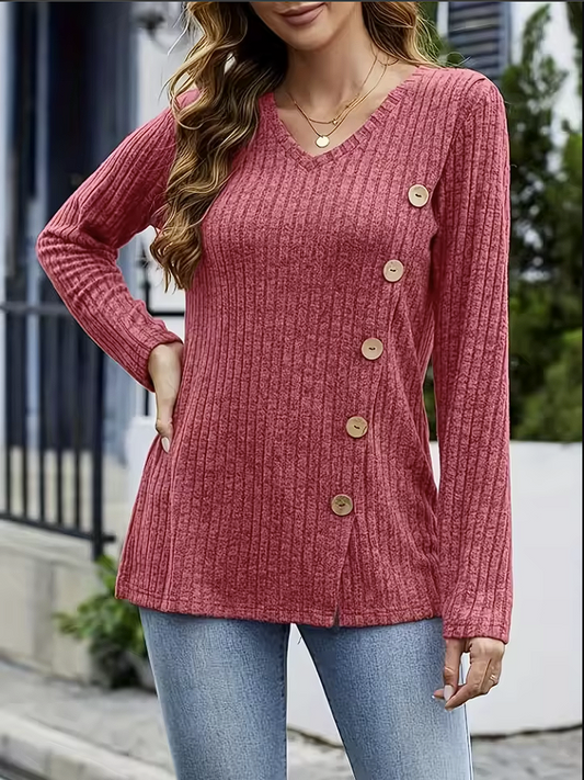 Ribbed V-Neck Side-Button Sweater for Women