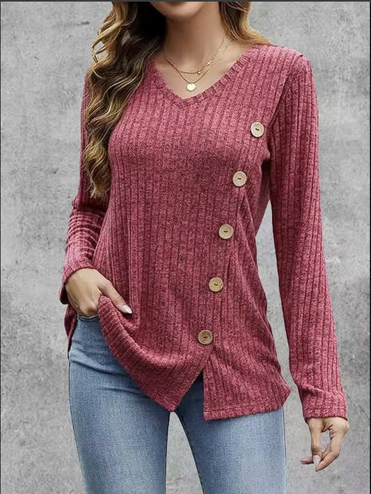 Ribbed V-Neck Side-Button Sweater for Women