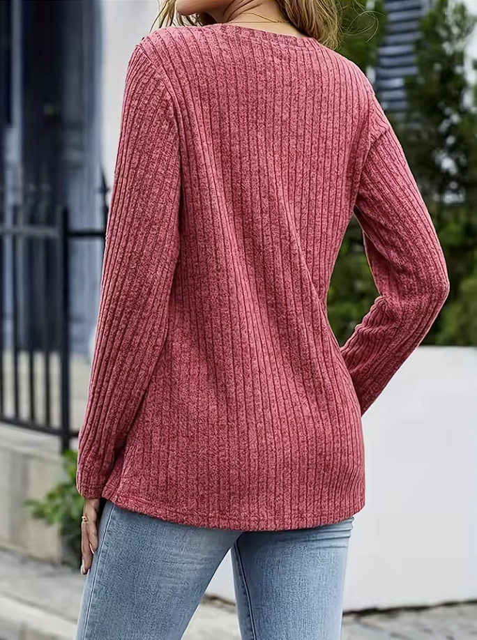 Ribbed V-Neck Side-Button Sweater for Women