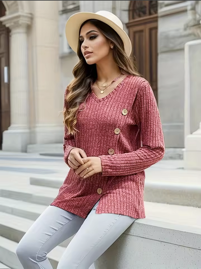 Ribbed V-Neck Side-Button Sweater for Women